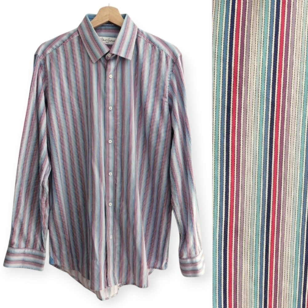 Robert Graham Men's Striped Cotton Dress Shirt Purple Pink Blue Size 16 34/35